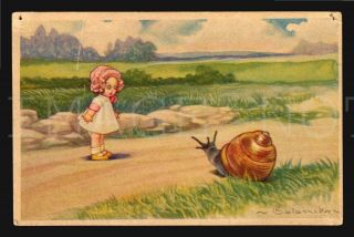 Giant Snail & Girl Colombo Art Deco Children Artist Signed Postcard Ca1900