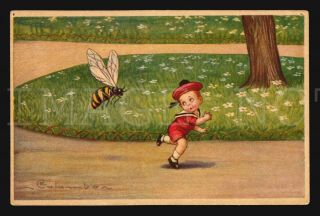 Giant Bee Vasp & Boy Colombo Art Deco Children Artist Signed Postcard Ca1900