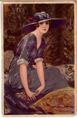 Artist Signed Corbella Italian Art Deco Victorian Woman In Hat Drawing Pc 1923