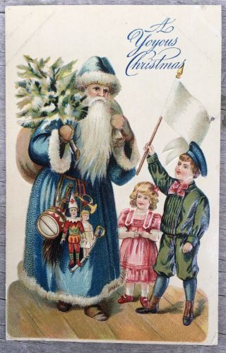 A Joyous Christmas Postcard Blue Suit Santa Claus Toys Kids 1909