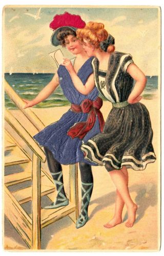 Antique Lovely Victorian Ladies Seaside In Silk Embellished Swimsuits Postcard