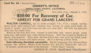 1919 San Jose,  Ca Walter Carroll - Wanted For Grand Larceny Santa Clara County