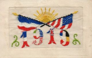 1919: Allied Flags: Ww1 Patriotic Embroidered Silk Postcard