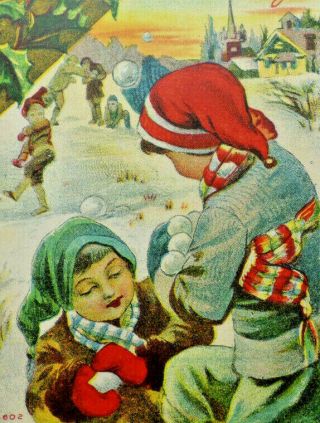 Christmas Greeting Children Snowball Fight Winter Snow Vintage Postcard A2