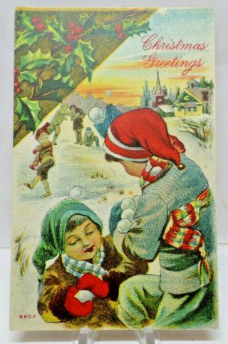 Christmas Greeting Children Snowball Fight Winter Snow Vintage Postcard A2 2