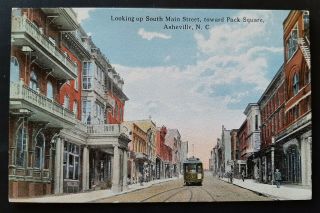 Vintage Postcard South Main Street Pack Square Ashville North Carolina Trolley