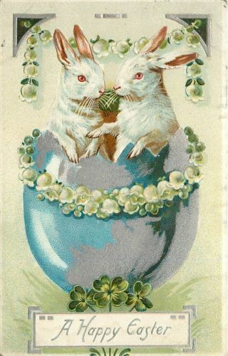 Tuck Embossed Easter Greetings Postcard 704 White Rabbits In Big Silver Blue Egg