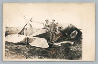 Red Cross Man Surveying Crashed German (?) Airplane Rppc Antique Wwi Photo 1910s