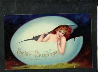 R338 Antique Postcard Easter Woman In A Blue Egg Shell Asti Like