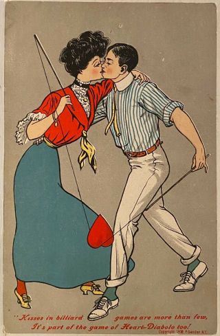 Romantic Couple Kiss & Hold Billiard Cues Antique Postcard Billiards