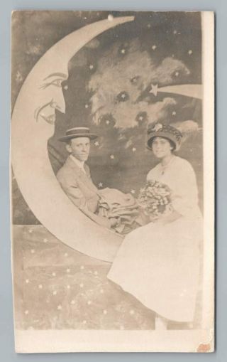 Boater Hat Man & Girlfriend On Paper Moon Rppc Antique Studio Photo (trimmed)