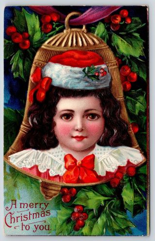 Christmas Pretty Brown Eyed Brunette Girl In Red Santa Hat Gold Bell Holly 1480c