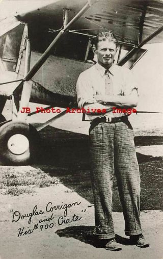 American Aviator Pilot,  Rppc,  Douglas Corrigan & His $900 Crate,  Airplane