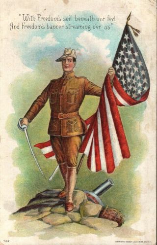 Pre Ww1 Patriotic Postcard,  Julius Bien Flag Series 7102,  Soldier,  Flag,  Sword,  1908