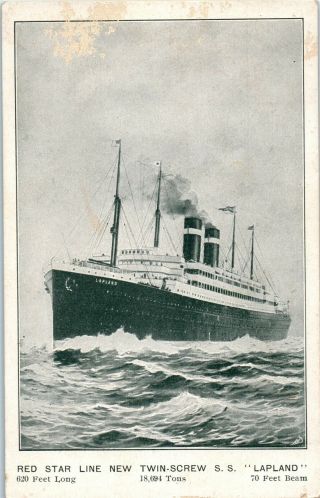 Postcard Ss Lapland Twin Screw Steamship Red Star Line Ocean Liner