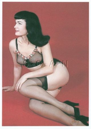 Nude European Color Postcard - Bettie Page - Sheer Bra - Stockings - Legs - Heels