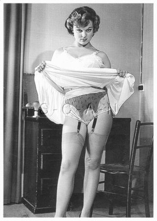 Semi Nude European Postcard - Lorraine Burnett - Panties - Stockings - Skirt Up 1