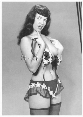 Nude European Postcard - Bettie Page - Fancy Flower Bra - Panties - Stockings - Oh My