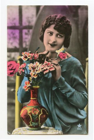 1920s French Glamor Glamour Lovely Flapper Lady Tinted Vintage Photo Postcard