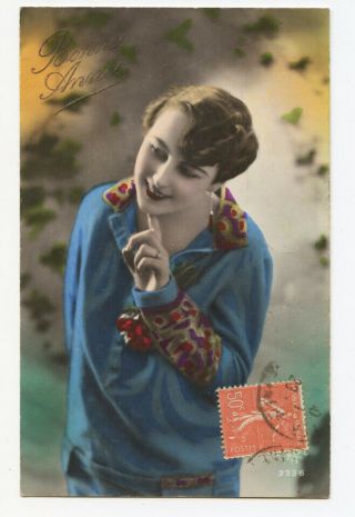 C 1927 French Glamor Glamour Lovely Flapper Lady Tinted Vintage Photo Postcard