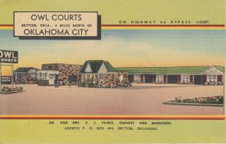 Owl Courts Motel On Highway 66 By - Pass /oklahoma City Ok Linen Postcard C1935