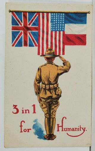 Patriotic Ww1 Era Soldiers With Flags 3 In 1 For Humanity Postcard Q16