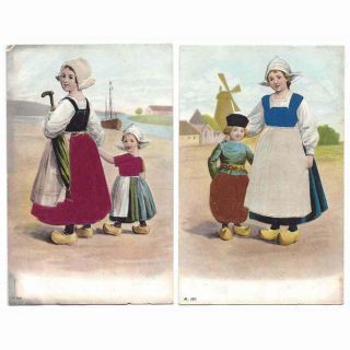 Dutch Children 2 X Silk Embroidered & Embossed Postcard,