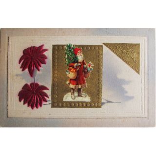 Vintage Santa Claus Christmas Postcard Embossed Poinsettias,  Xmas Tree Unsigned