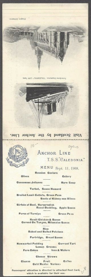 Ss Caledonia,  Anchor Ship Line Double Menu Pc,  Glasgow Cathedral View Dated 1909