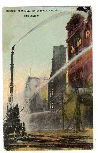 Postcard Cincinnati Oh Fire Department Water Tower In Action Antique 1917