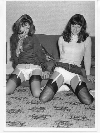 Semi Nude European Postcard - 2 Women - Skirt Up - Panties - Stockings - Garter - Sofa