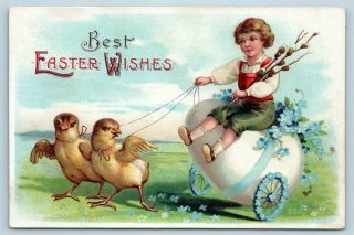 Postcard Easter Best Easter Wishes Fantasy Chicks Pulling Boy On Egg Cart Y1