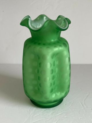 Antique Green Cased Glass Spot Optic Ruffle Rim Pinch Side Vase 8 1/4 " Pontil