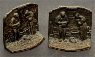 Antique Farmers Angelus Prayer Vintage Hubley Cast Iron Arts Crafts Bookends