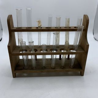 Vintage Wooden Test Tube Rack With Some Test Tubes Great Prop “as Is”