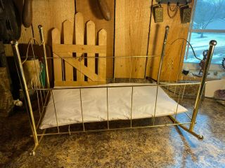 Vintage Baby Doll Crib 19 " Long Brass Color Metal Rocking Cradle With Mattress