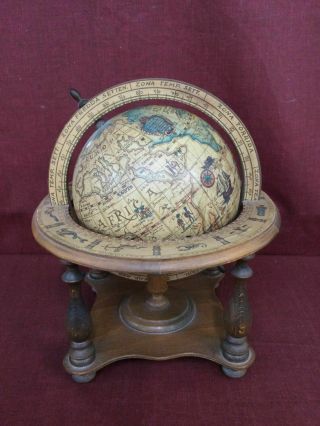 Vintage Old World Globe On Wooden Stand - Zodiac Symbols - Made In Italy 12 "