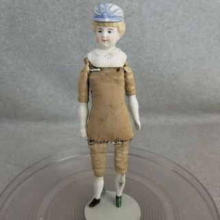 10 " Antique Bisque Shoulder Head German Parian Doll With Molded Blue Hat " Tlc "