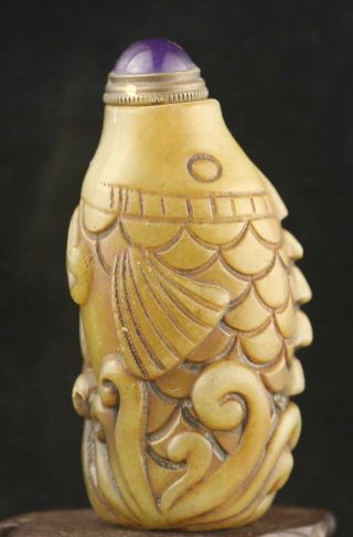 Chinese Old Natural Jade Hand - Carved Statue Fish Snuff Bottle 3.  2 Inch