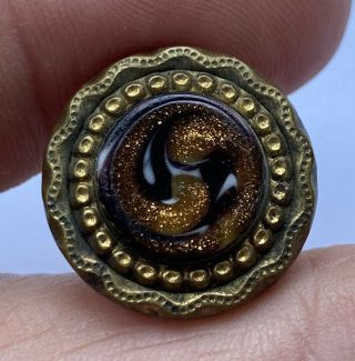 Antique Vintage Marbled Glass In Gilt Metal Button With Goldstone Swirl 3/4”