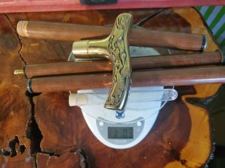 Vtg Brass Handle Wood Walking Stick Cane W/ Hidden Flask,  3pc Stick 34.  5 " Long