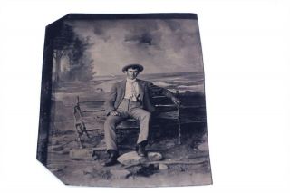 Antique Tintype Photo Seashore Scene Man W Hat Seated On Bench
