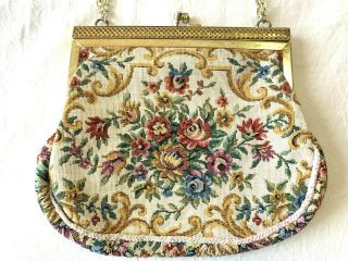 Vintage Needlepoint Petite Point Tapestry Bag Rose Evening Purse Gold Strap Vguc