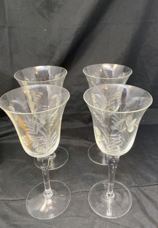 Antique Set 4 Etched Glass Crystal Floral Wine Glasses