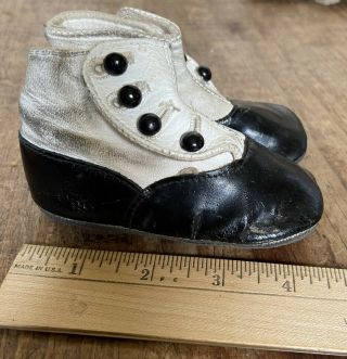 Antique Victorian Baby Doll Boots High Top Shoes Black & White Leather Button Up