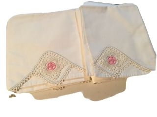 Vintage Pair Pillowcases Cotton Standard Hand Embroidered Crocheted Pink Flower