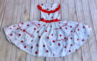 Vintage 50s Girls Cotton Red Apple Novelty Print Full Skirt Party Dress 10/12