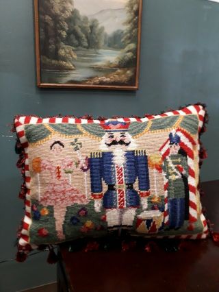 Vintage Christmas Nutcracker Pillow Wool Hand Embroidered Needlepoint