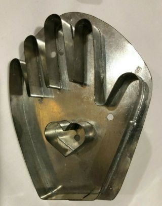 Large Antique Vintage Handle Soldered Tin " Heart In Hand " Cookie Cutter
