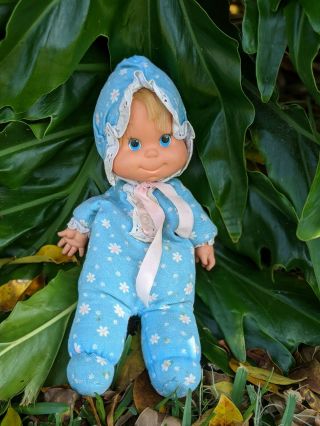 Vintage 1970 Mattel Baby Beans Pull String Doll Blue Clothing Pink Bow Blue Eyes